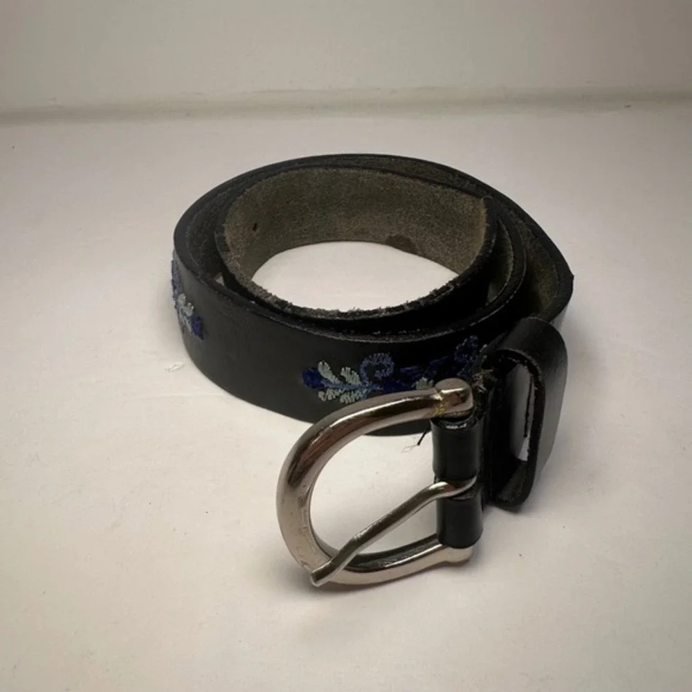 Kids Black Leather Belt Blue Floral Embroidery Buckle Genuine Leather youth S‎